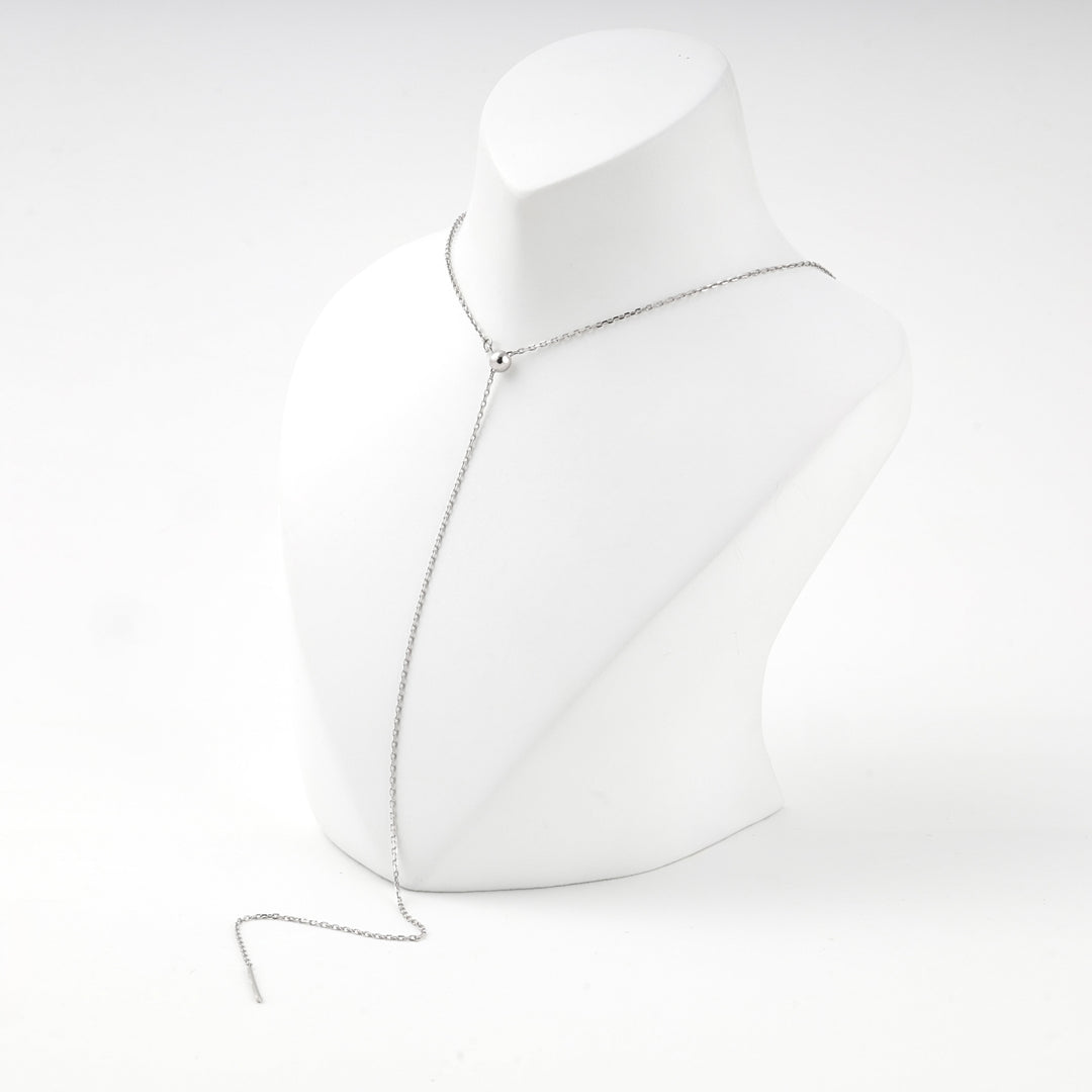 Silver 925 bar drop Y necklace on a white display bust, angled view