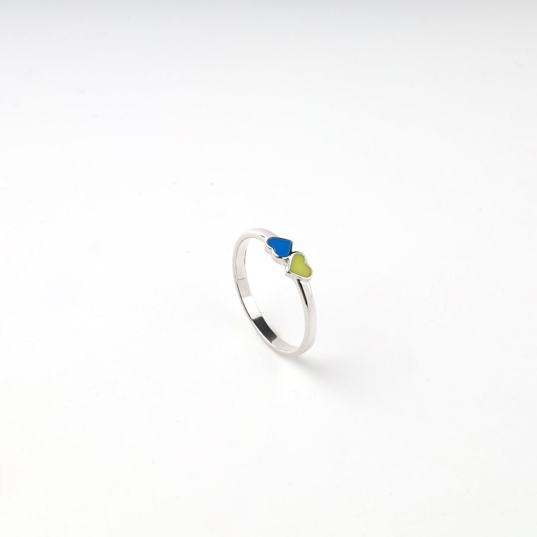 Silver 925 ring with blue and yellow enamel hearts standing upright
