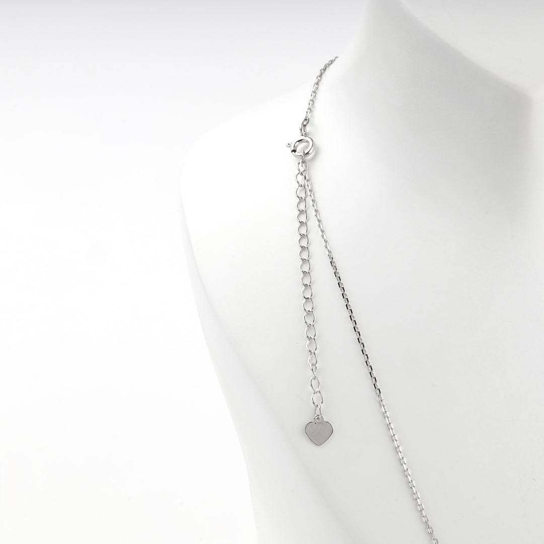 Back of the necklace showing the clasp, extender chain and heart tag