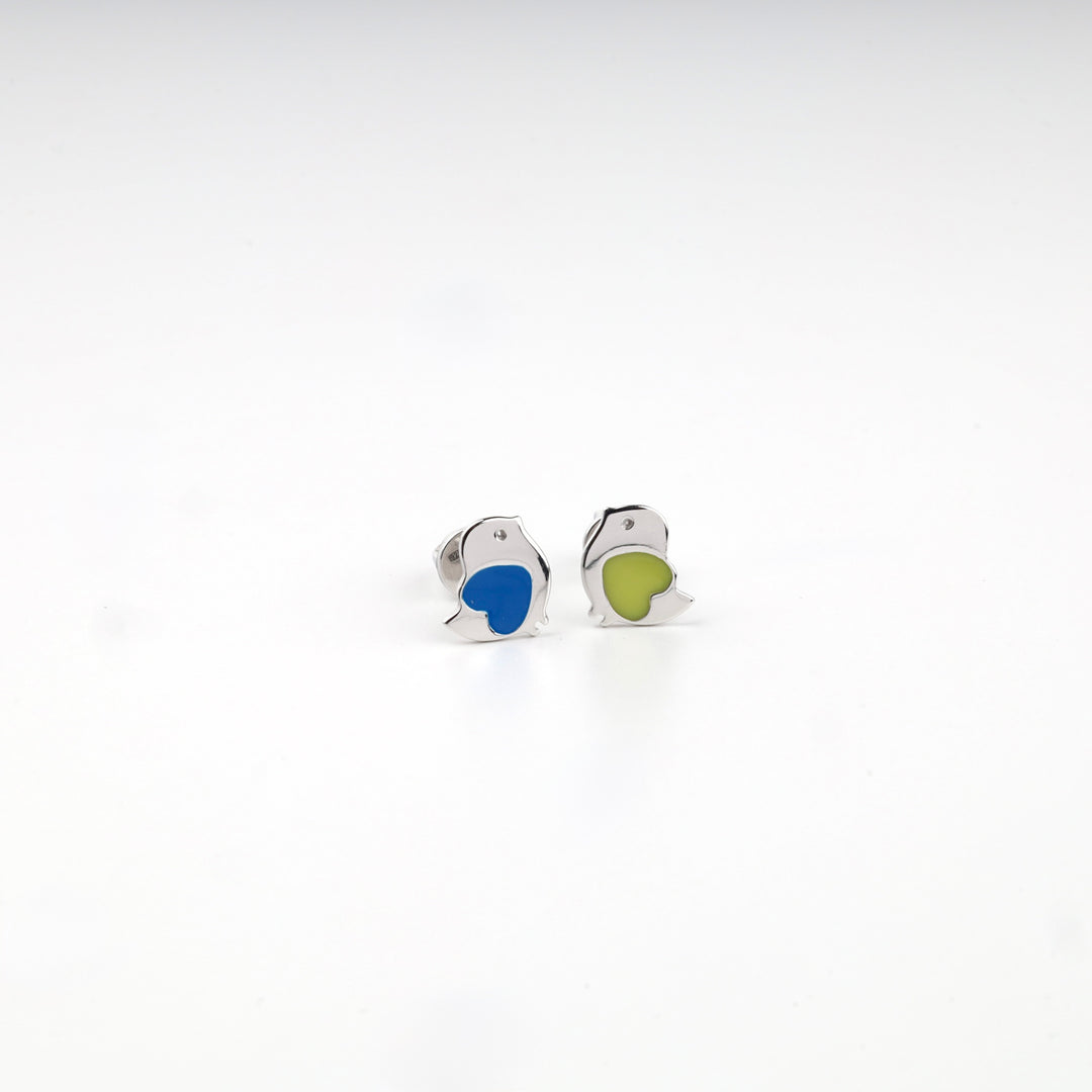 Close view of the blue and yellow enamel on the silver 925 bird studs