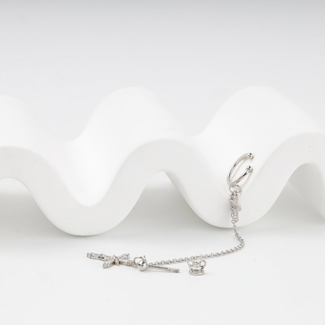 Silver 925 Cross Chain Ear Cuff Earring with Cubic Zirconia | Ukrainian Jewelry