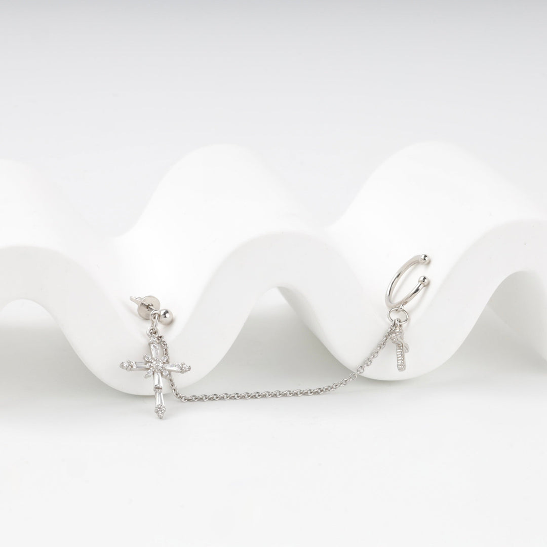 Silver 925 Cross Chain Ear Cuff Earring with Cubic Zirconia | Ukrainian Jewelry