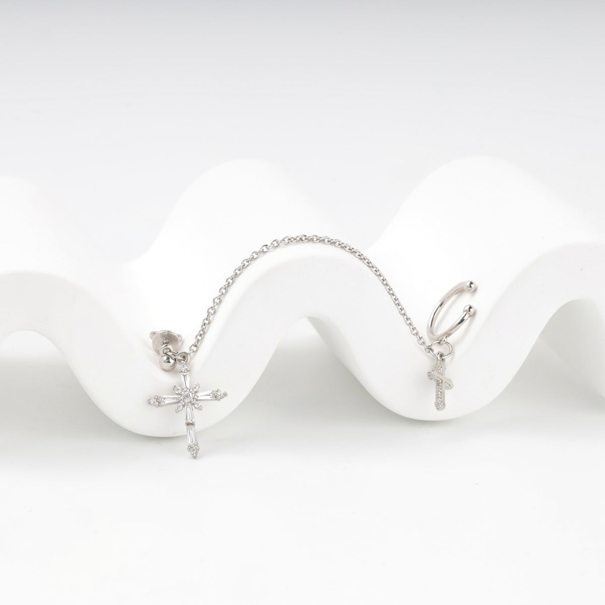 Silver 925 Cross Chain Ear Cuff Earring with Cubic Zirconia | Ukrainian Jewelry