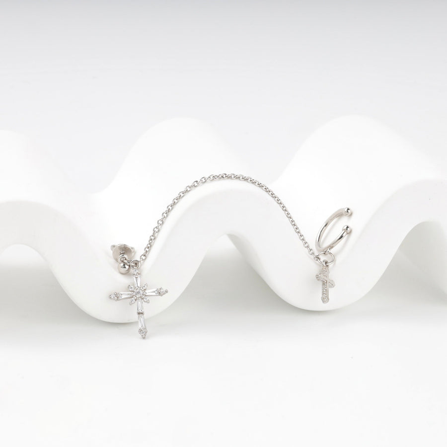 Silver 925 Cross Chain Ear Cuff Earring with Cubic Zirconia | Ukrainian Jewelry