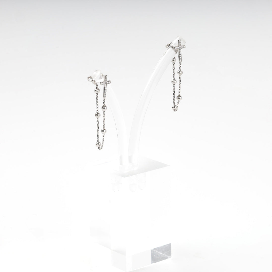 Silver 925 Cross Drop Earrings with Cubic Zirconia and Beaded Chain | Ukrainian Jewelry