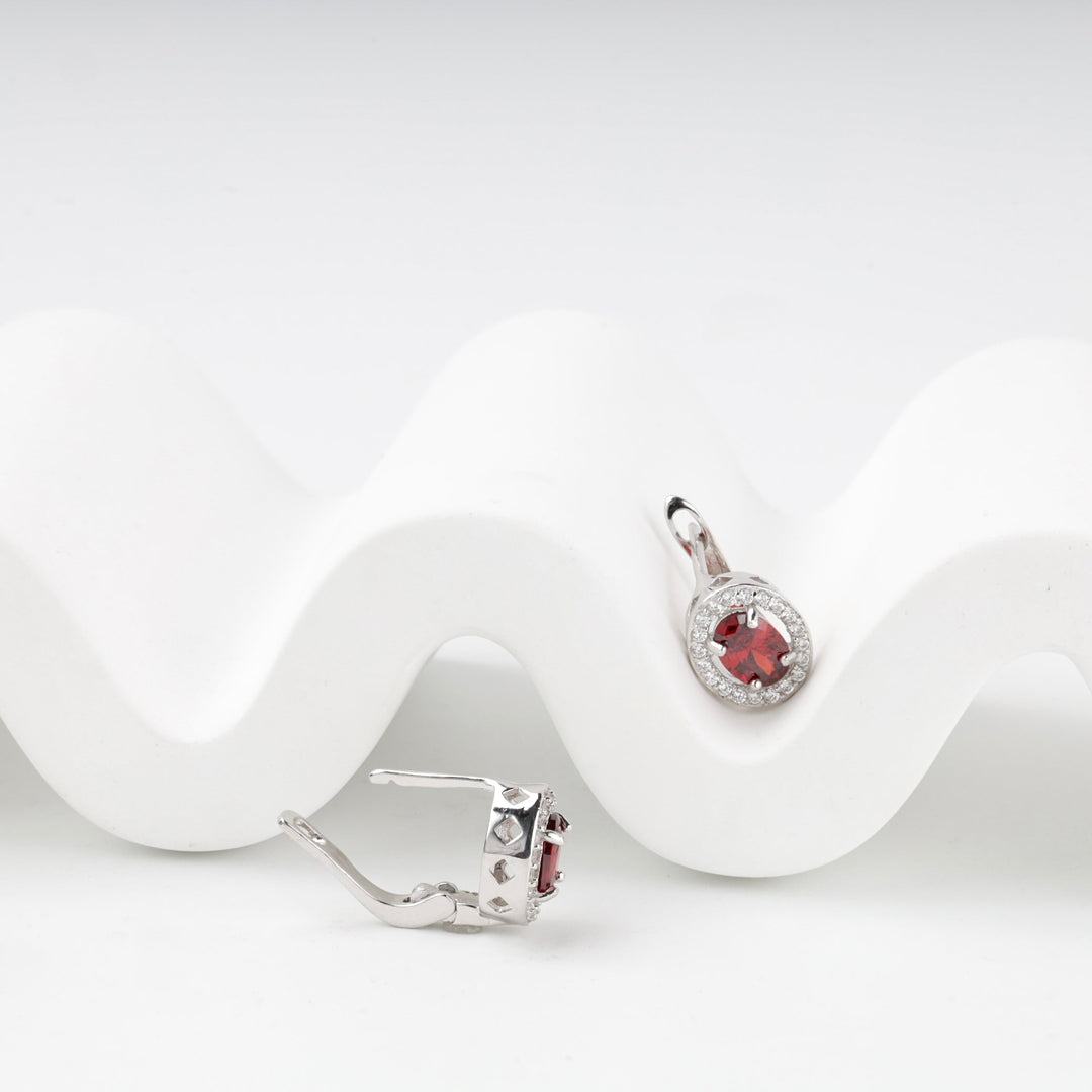 Silver 925 Round Halo Earrings with Red Cubic Zirconia | Ukrainian Jewelry