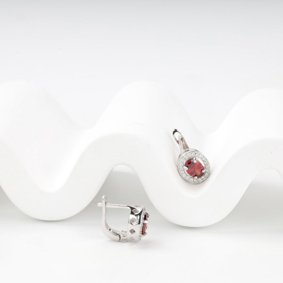 Silver 925 Round Halo Earrings with Red Cubic Zirconia | Ukrainian Jewelry