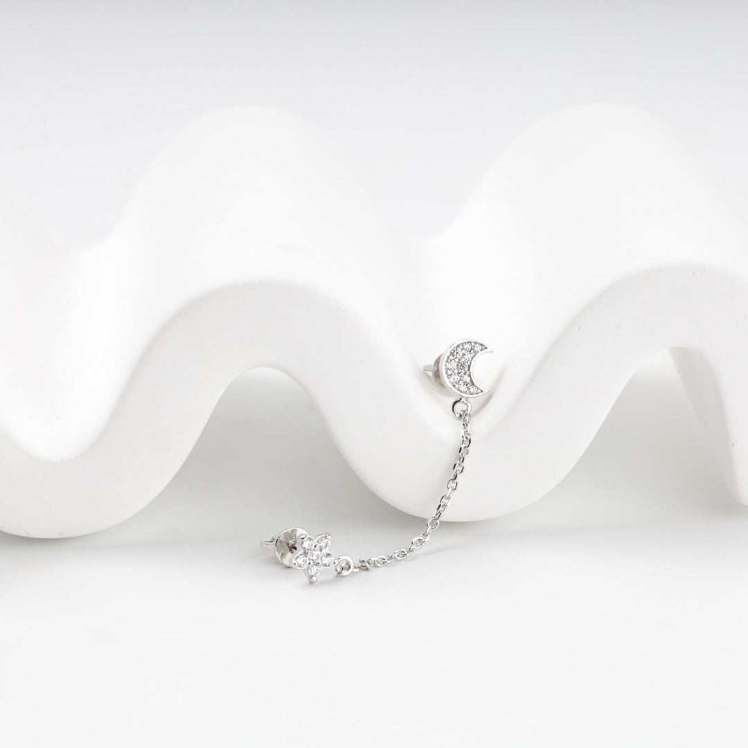 Silver 925 Moon and Star Chain Stud Earrings with Cubic Zirconia | Ukrainian Jewelry