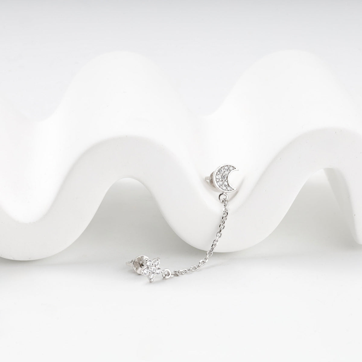 Silver 925 Moon and Star Chain Stud Earrings with Cubic Zirconia | Ukrainian Jewelry