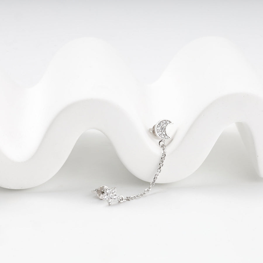 Silver 925 Moon and Star Chain Stud Earrings with Cubic Zirconia | Ukrainian Jewelry