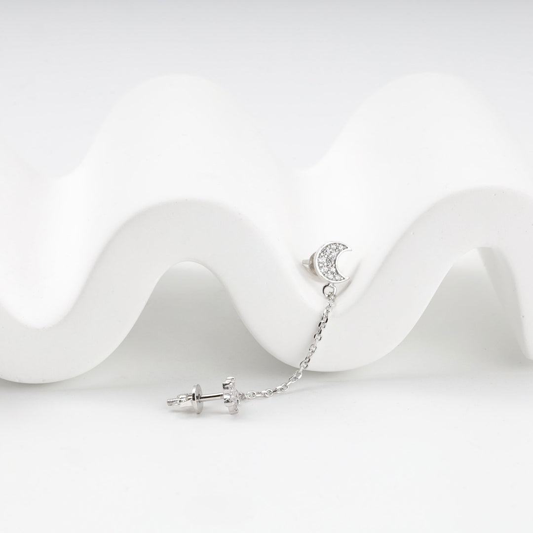 Silver 925 Moon and Star Chain Stud Earrings with Cubic Zirconia | Ukrainian Jewelry
