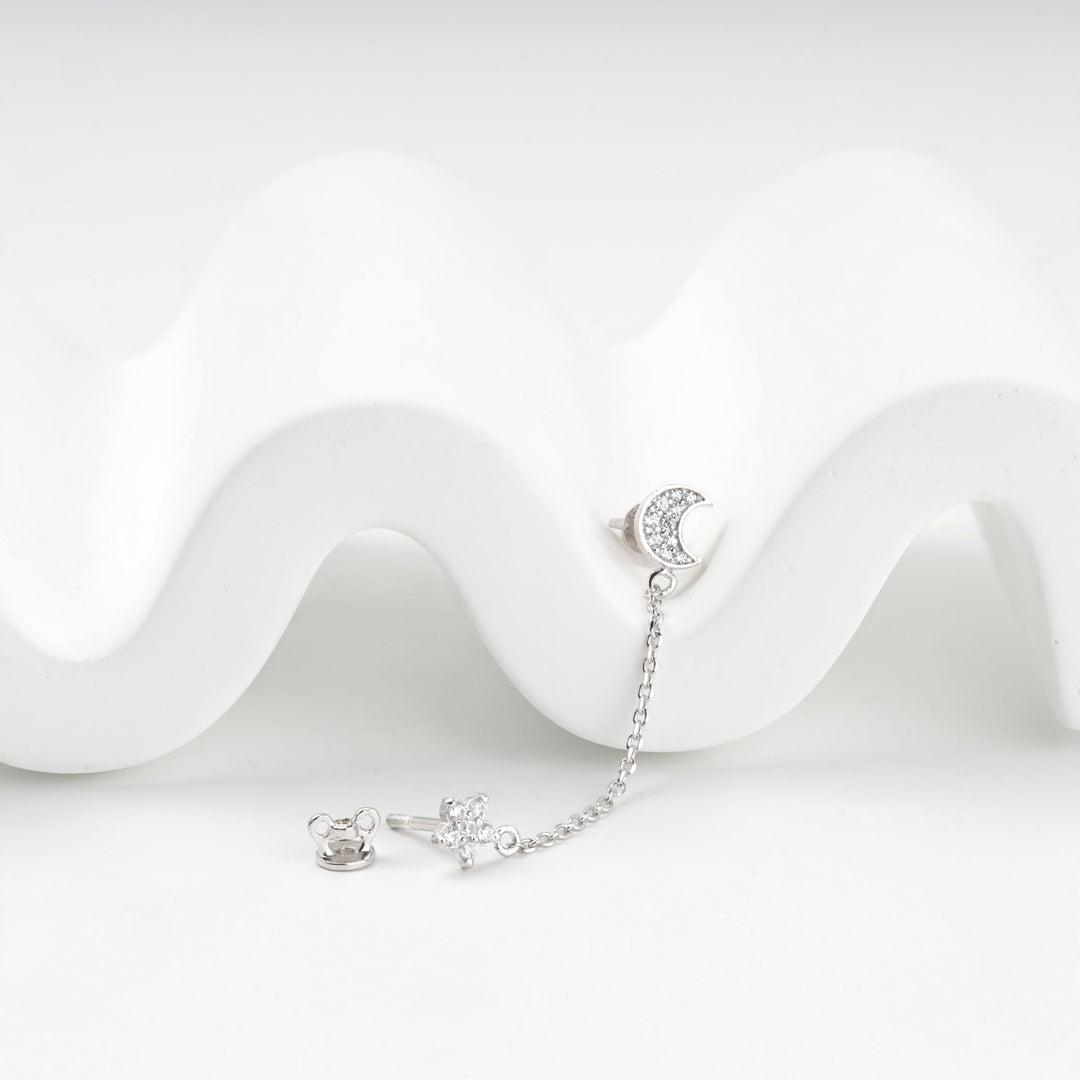 Silver 925 Moon and Star Chain Stud Earrings with Cubic Zirconia | Ukrainian Jewelry