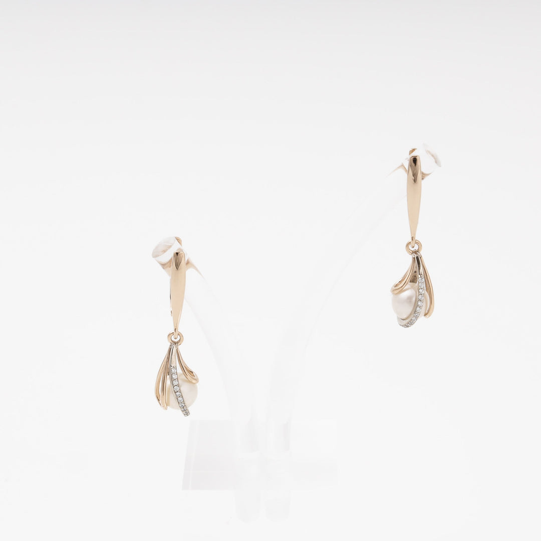 Rose Gold 585 (14K) Drop Earrings with Pearl and CZ | Ukrainian Jewelry