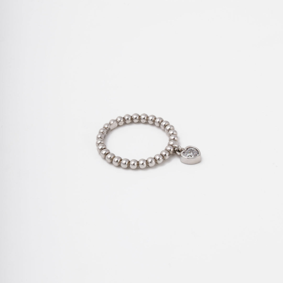 Silver 925 Beaded Ring with Heart CZ Charm | Ukrainian Jewelry