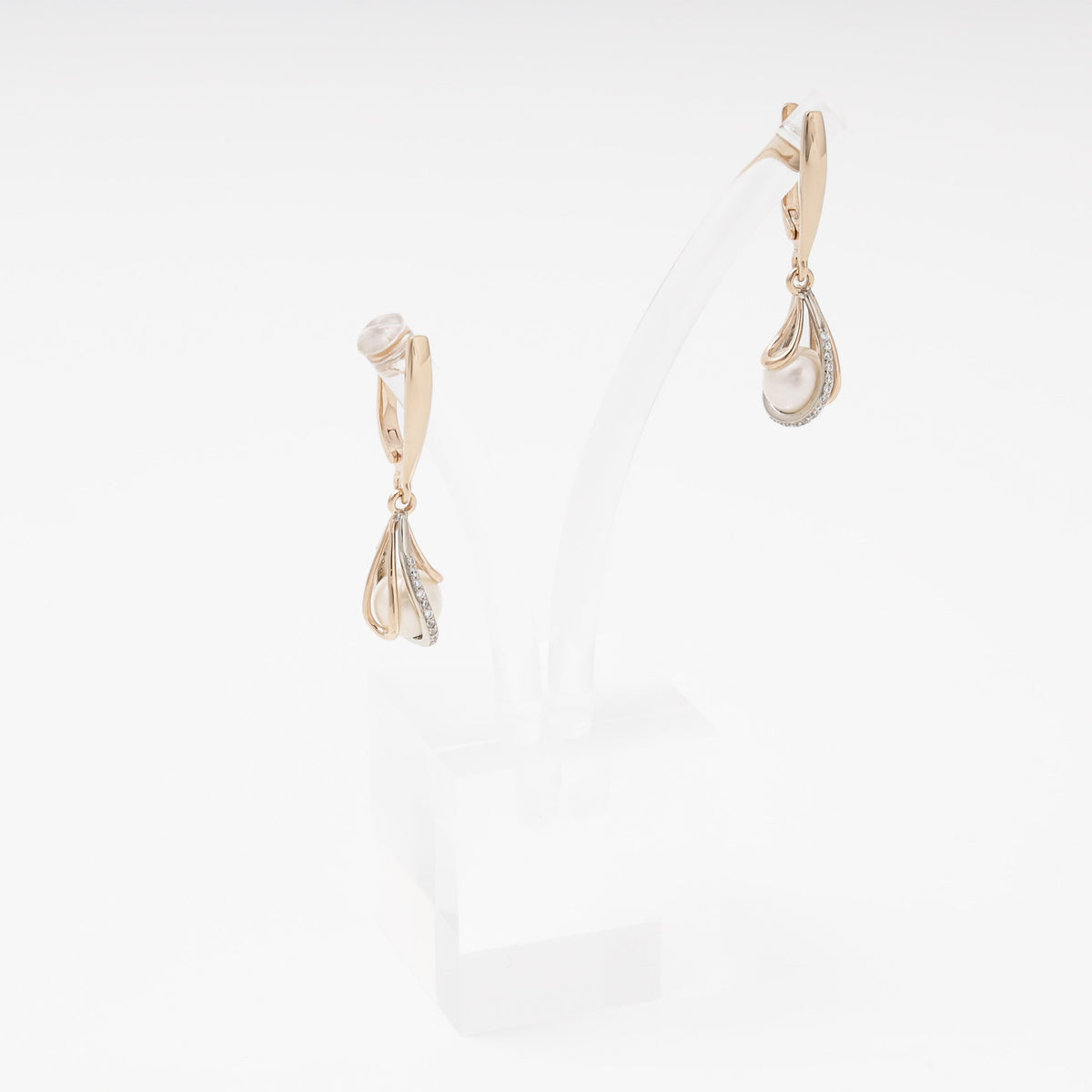 Rose Gold 585 (14K) Drop Earrings with Pearl and CZ | Ukrainian Jewelry