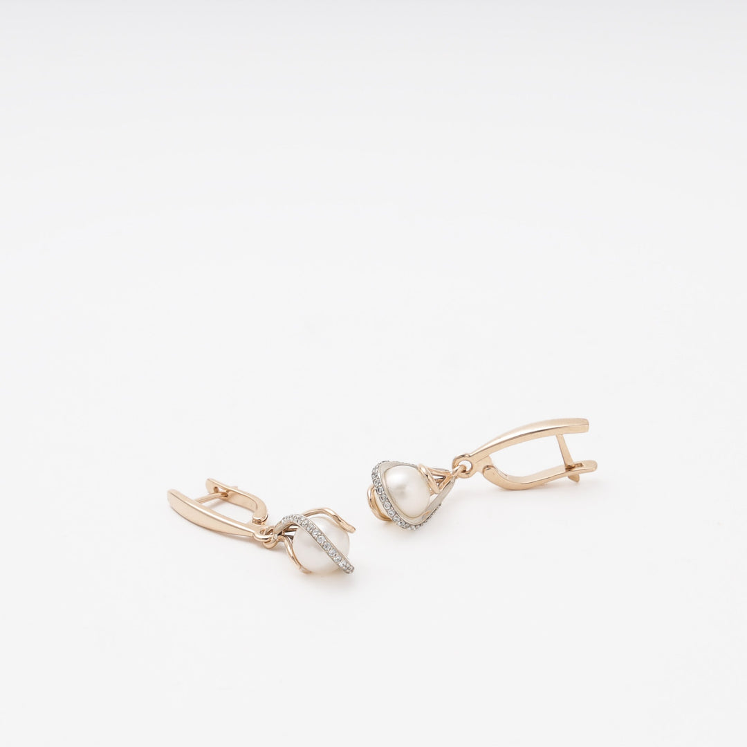 Rose Gold 585 (14K) Drop Earrings with Pearl and CZ | Ukrainian Jewelry