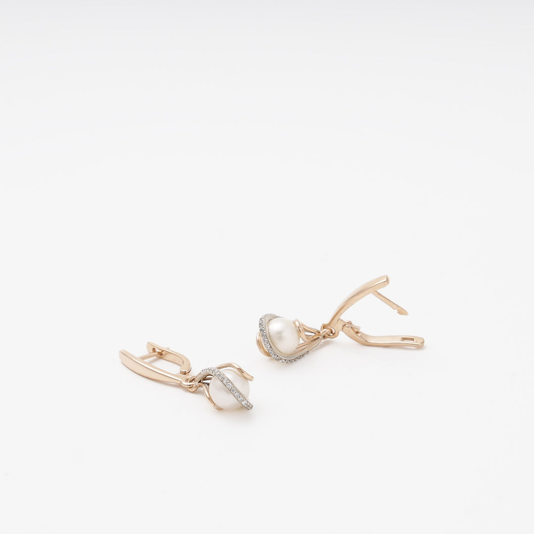Rose Gold 585 (14K) Drop Earrings with Pearl and CZ | Ukrainian Jewelry