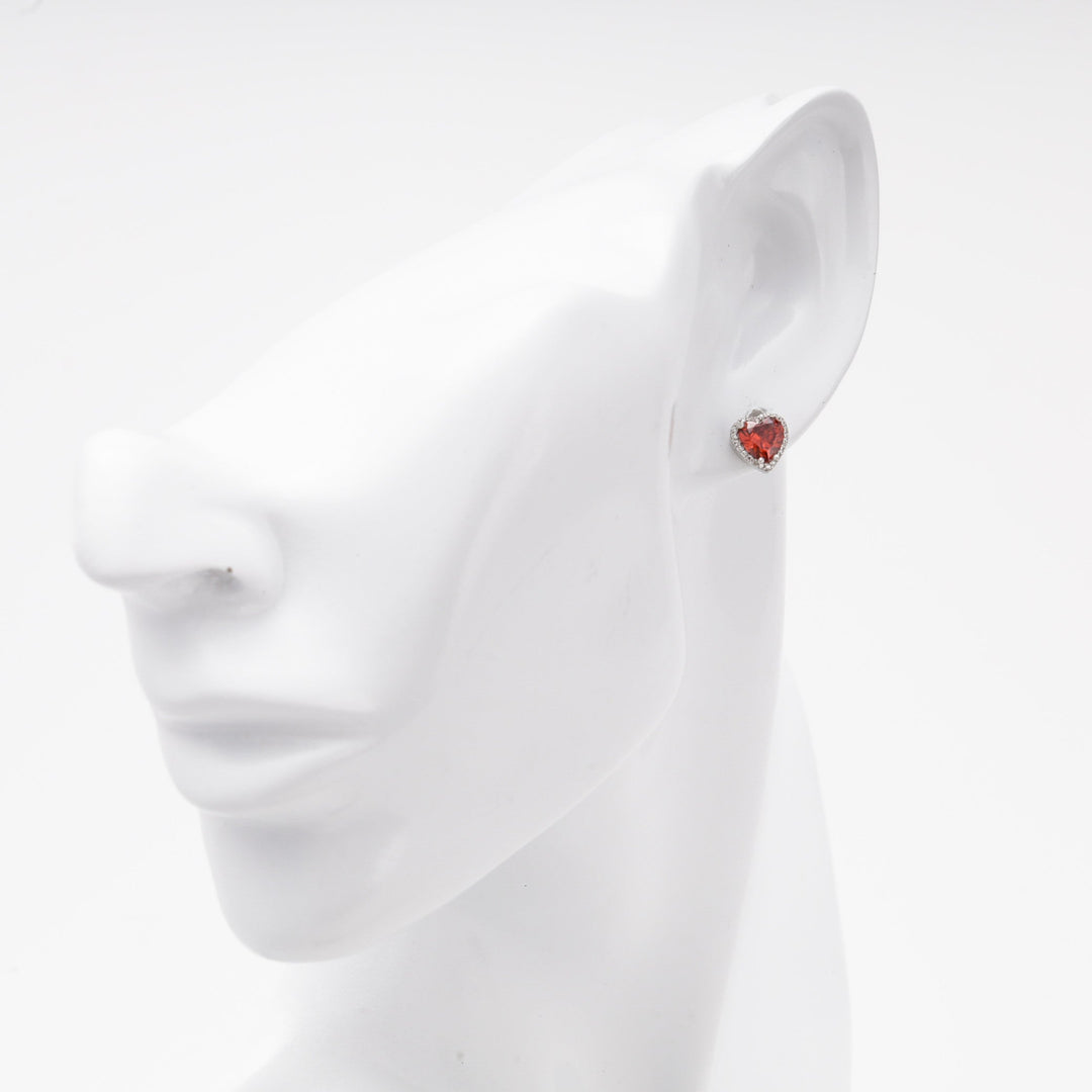 Silver 925 Heart Stud Earrings with Red Cubic Zirconia | Ukrainian Jewelry