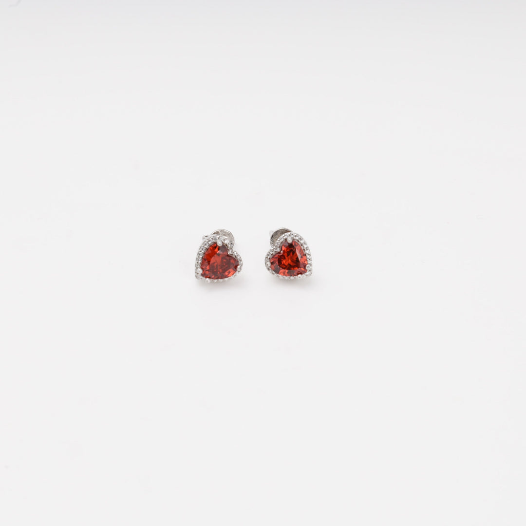 Silver 925 Heart Stud Earrings with Red Cubic Zirconia | Ukrainian Jewelry