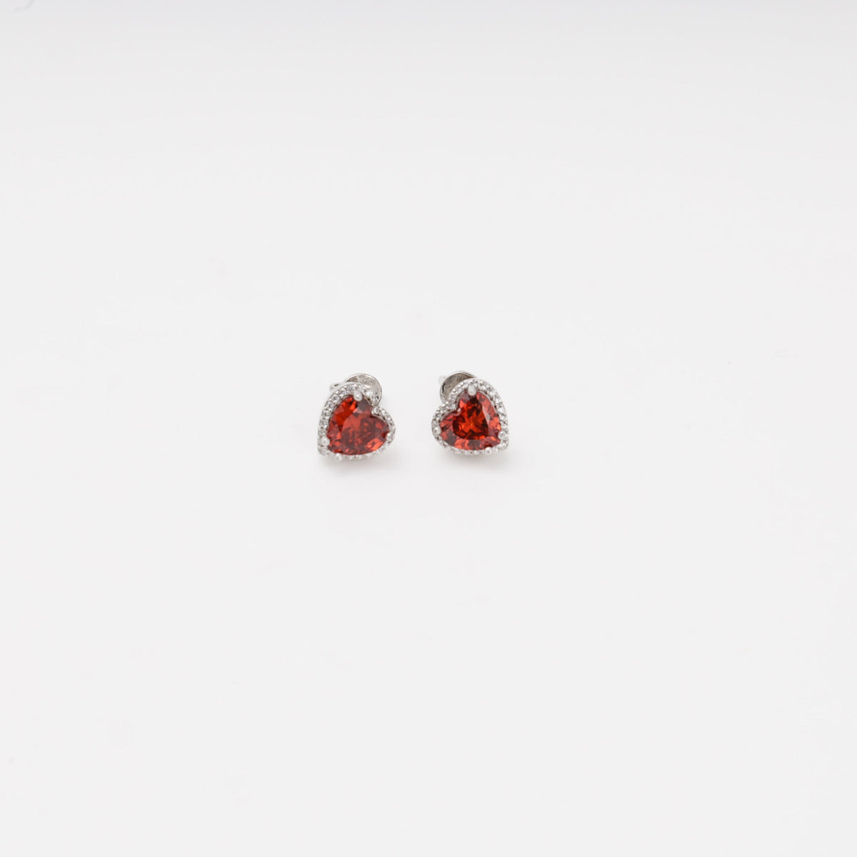 Silver 925 Heart Stud Earrings with Red Cubic Zirconia | Ukrainian Jewelry