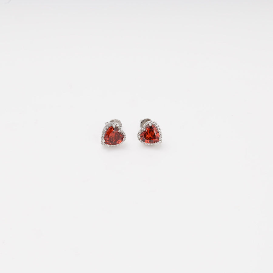 Silver 925 Heart Stud Earrings with Red Cubic Zirconia | Ukrainian Jewelry