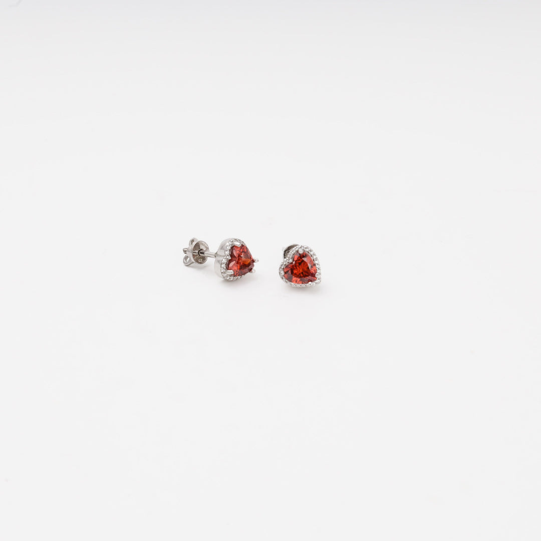 Silver 925 Heart Stud Earrings with Red Cubic Zirconia | Ukrainian Jewelry