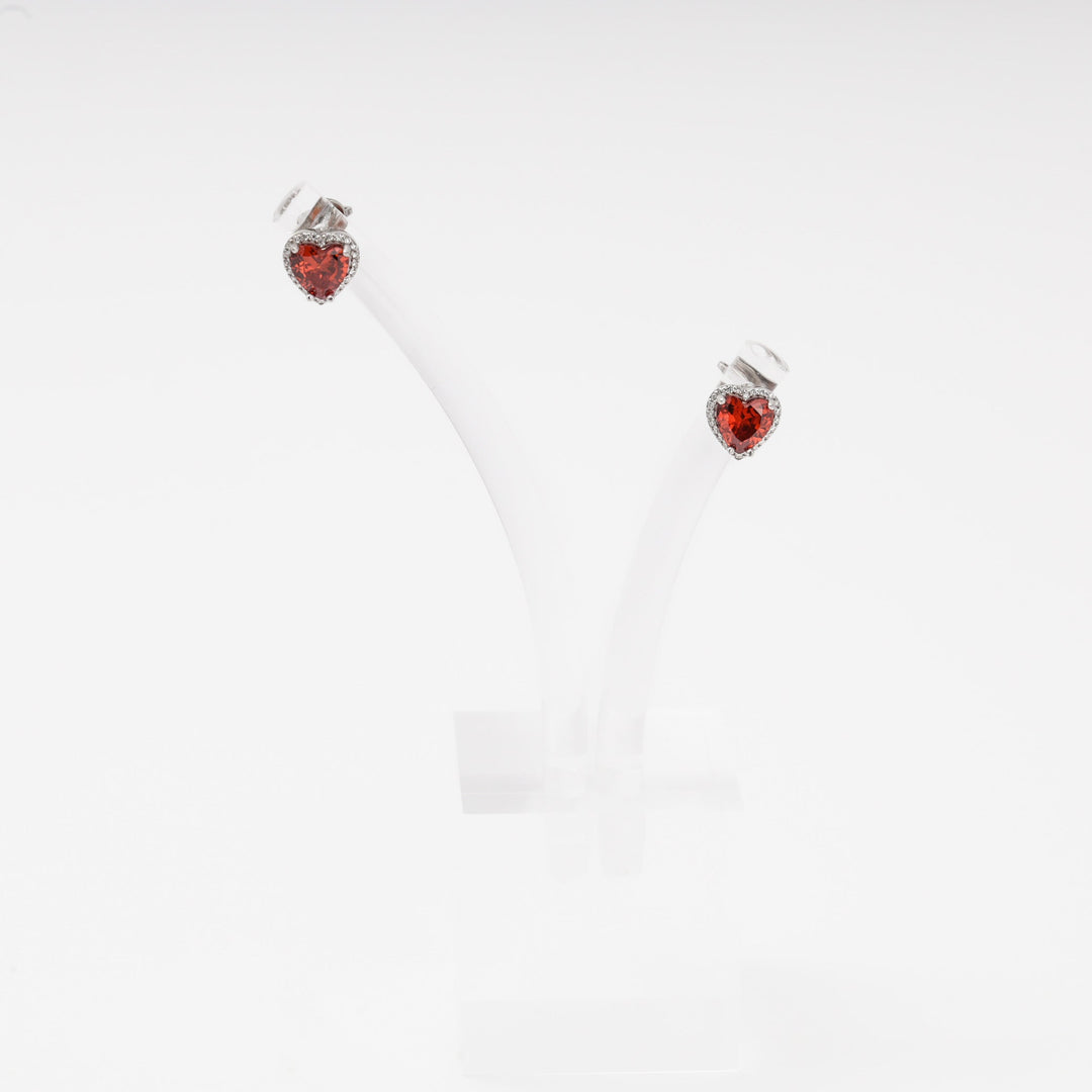 Silver 925 Heart Stud Earrings with Red Cubic Zirconia | Ukrainian Jewelry