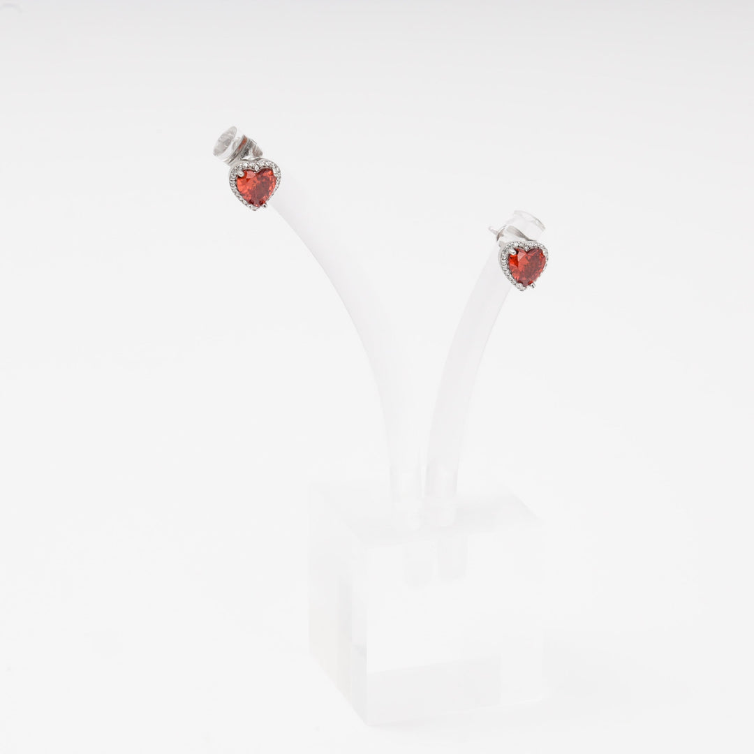 Silver 925 Heart Stud Earrings with Red Cubic Zirconia | Ukrainian Jewelry