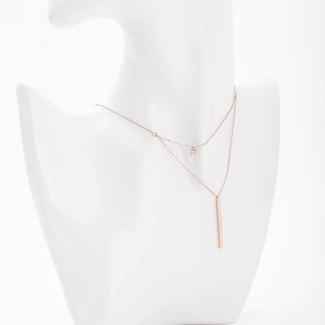 Rose Gold 14K (585) Layered Necklace with Bar Pendant and CZ | Ukrainian Jewelry
