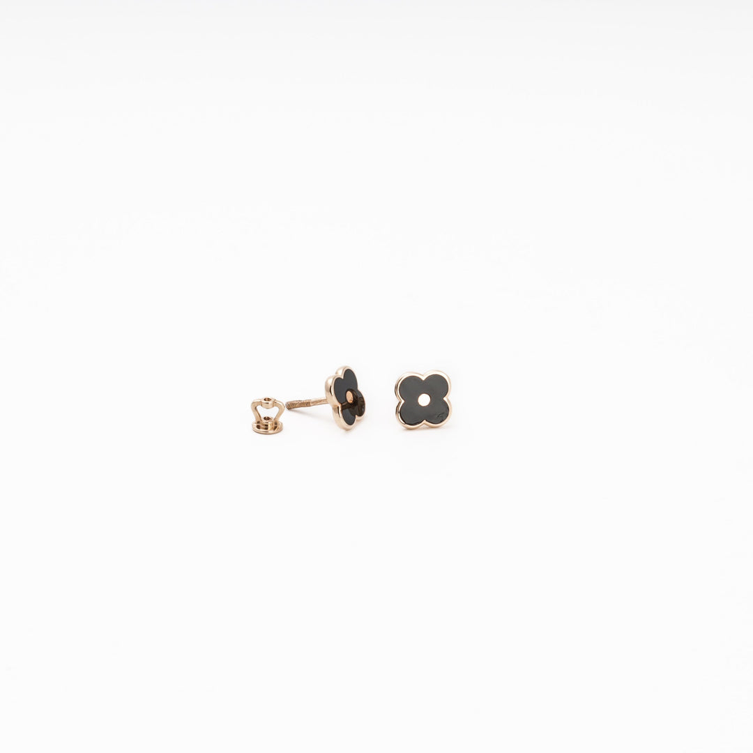 Rose Gold 585 Clover Stud Earrings with Black Enamel | Ukrainian Jewelry