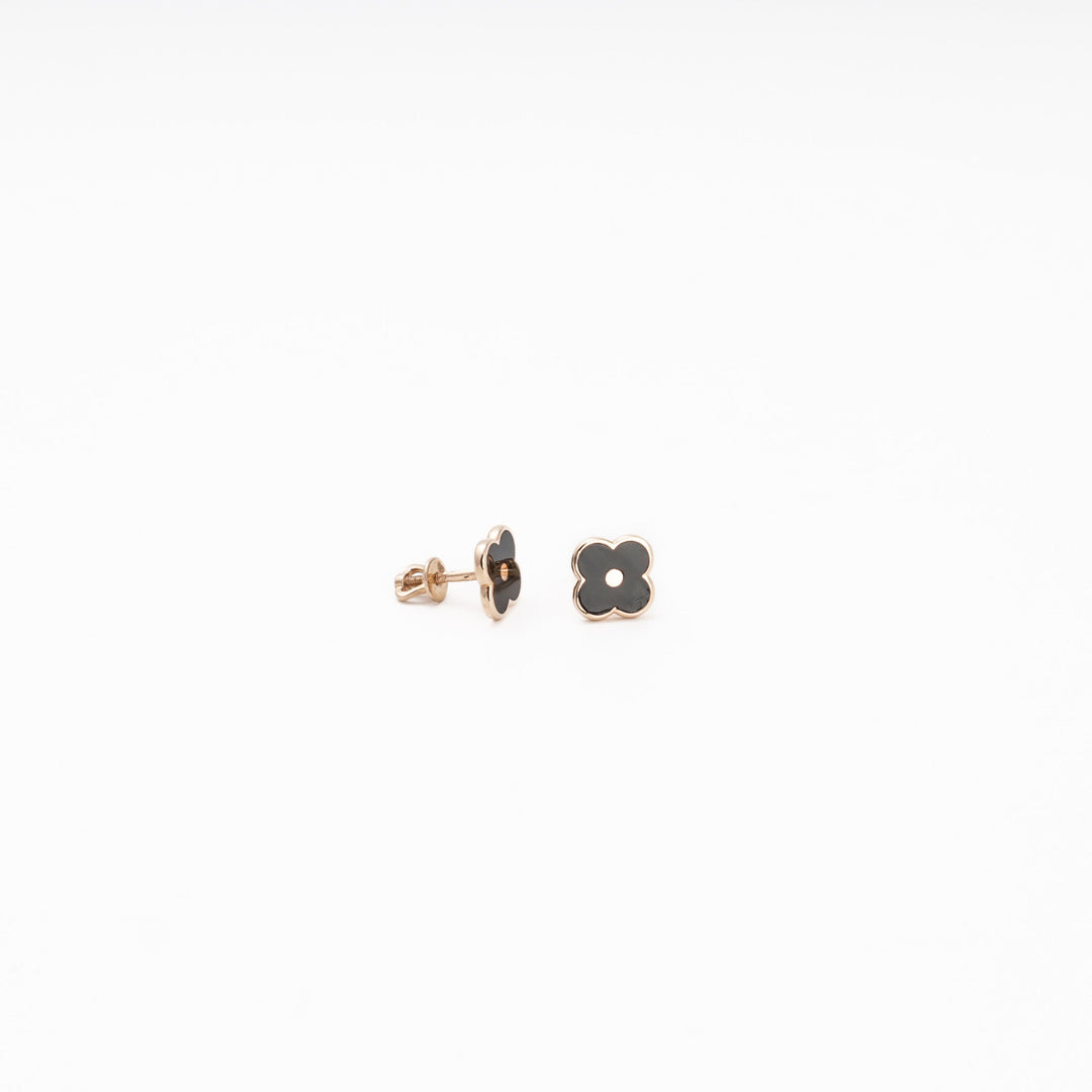 Rose Gold 585 Clover Stud Earrings with Black Enamel | Ukrainian Jewelry