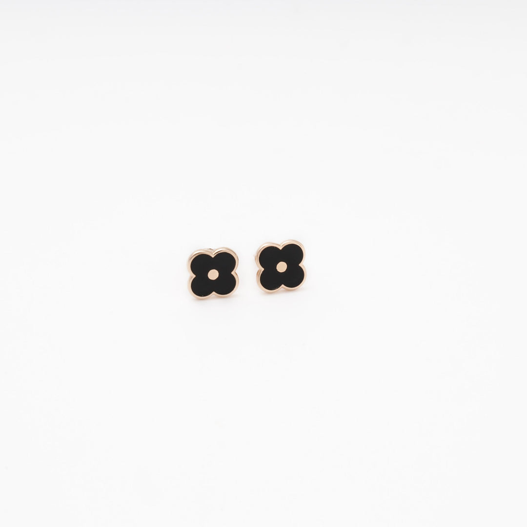 Rose Gold 585 Clover Stud Earrings with Black Enamel | Ukrainian Jewelry