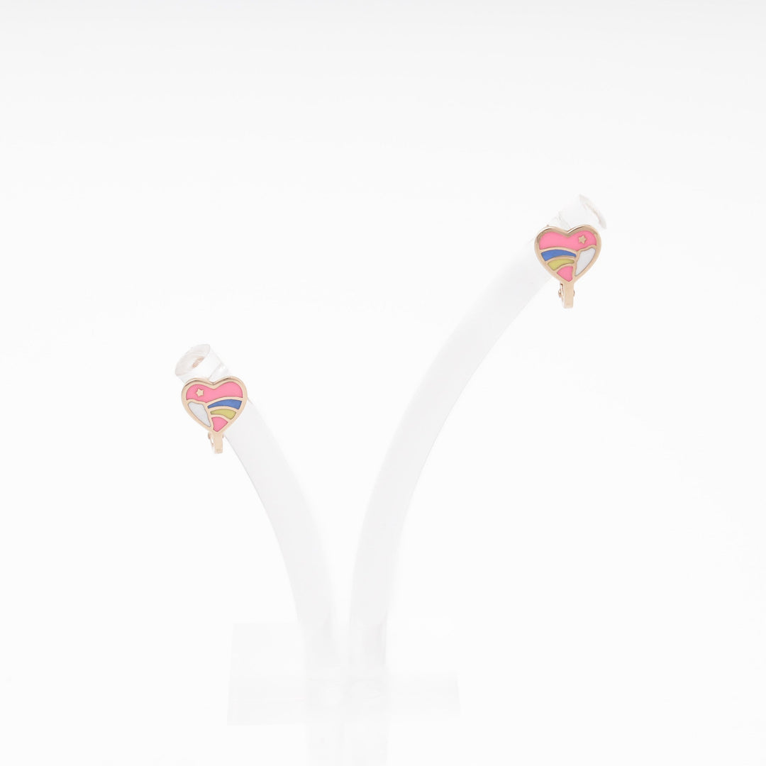 Children's Rose Gold 585 Heart Earrings with Rainbow Enamel | Ukrainian Jewelry