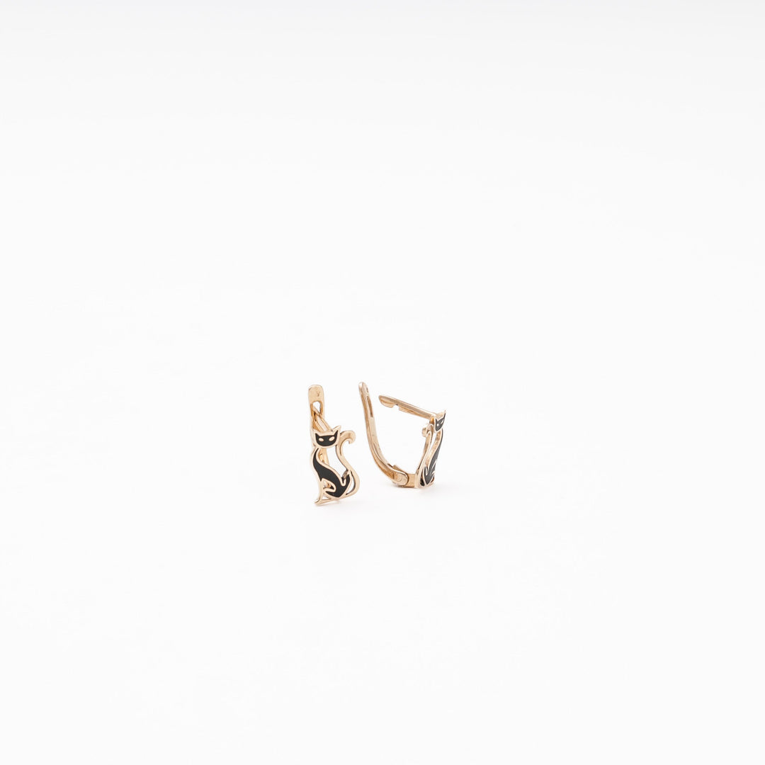 Rose Gold 585 (14K) Cat Earrings with Black Enamel | Ukrainian Jewelry