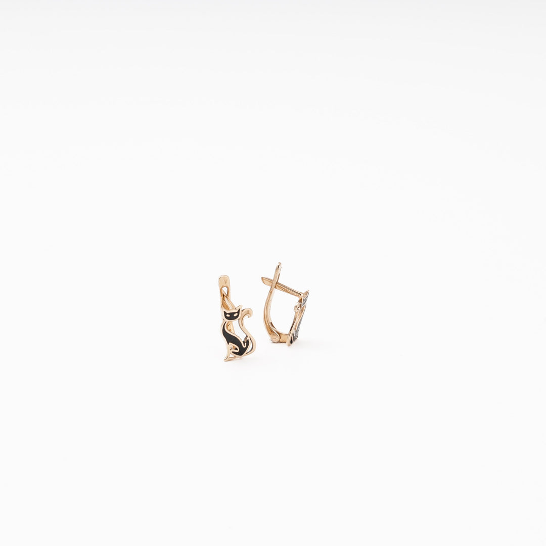 Rose Gold 585 (14K) Cat Earrings with Black Enamel | Ukrainian Jewelry