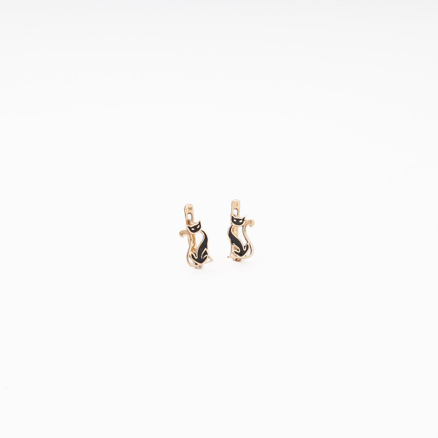 Rose Gold 585 (14K) Cat Earrings with Black Enamel | Ukrainian Jewelry