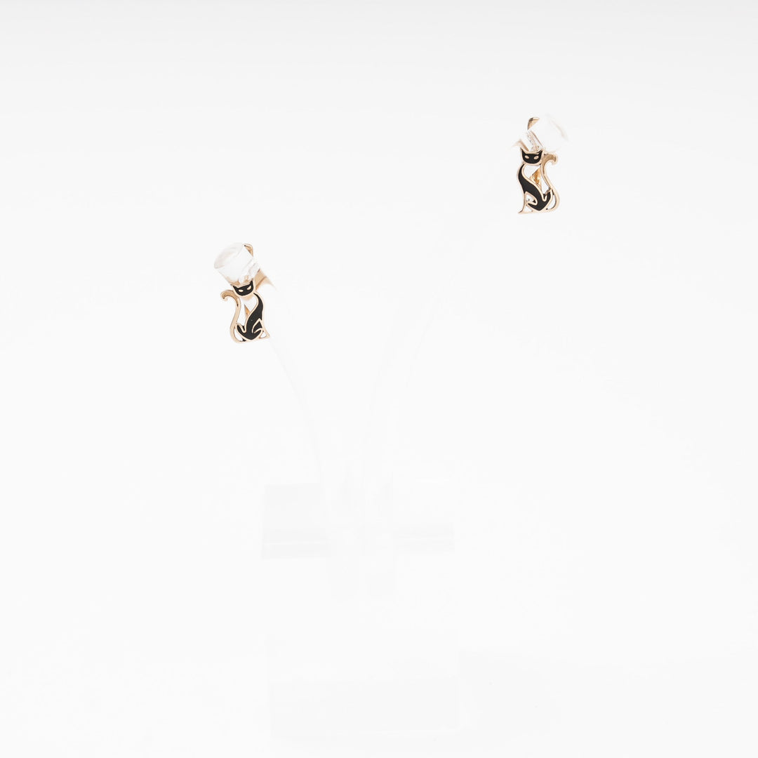 Rose Gold 585 (14K) Cat Earrings with Black Enamel | Ukrainian Jewelry