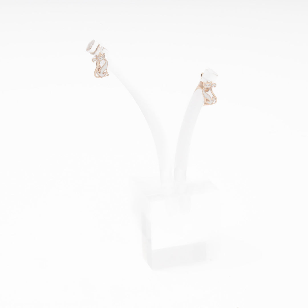 Rose Gold 585 (14K) Cat Earrings with White Enamel | Ukrainian Jewelry
