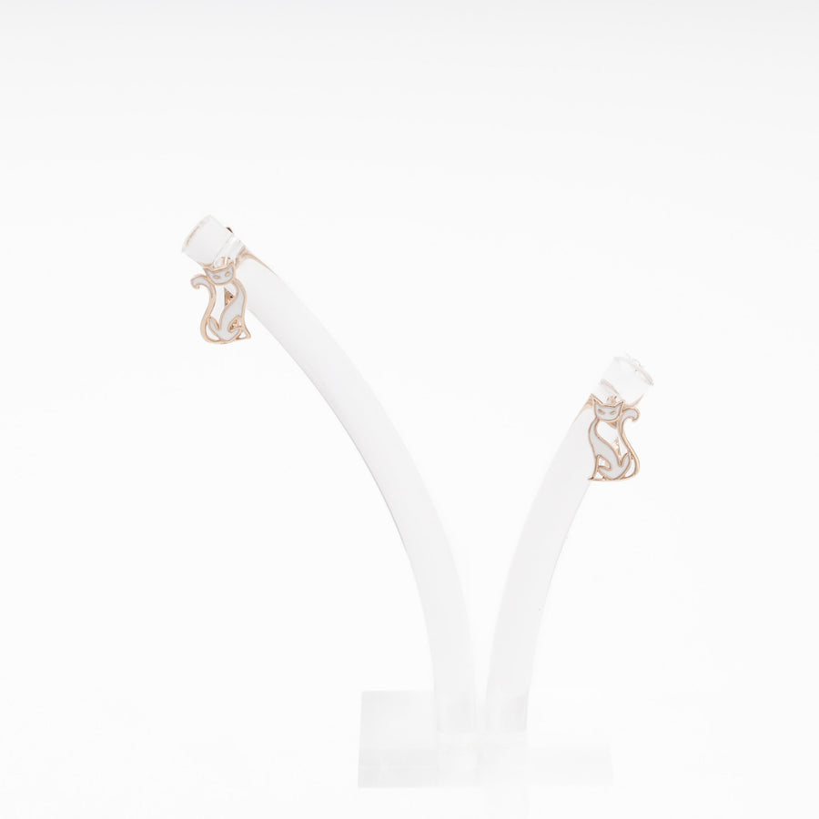Rose Gold 585 (14K) Cat Earrings with White Enamel | Ukrainian Jewelry
