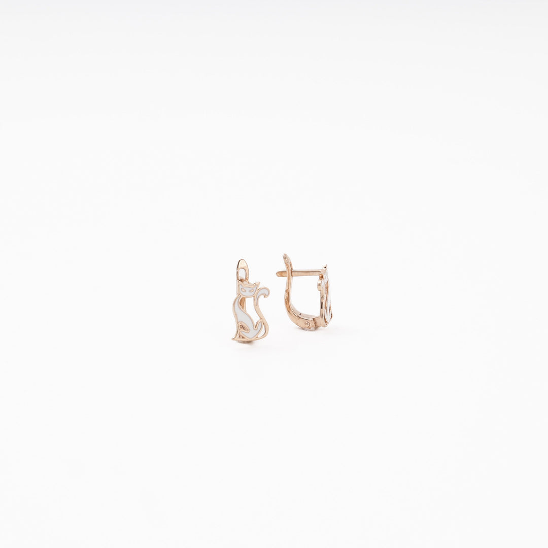 Rose Gold 585 (14K) Cat Earrings with White Enamel | Ukrainian Jewelry