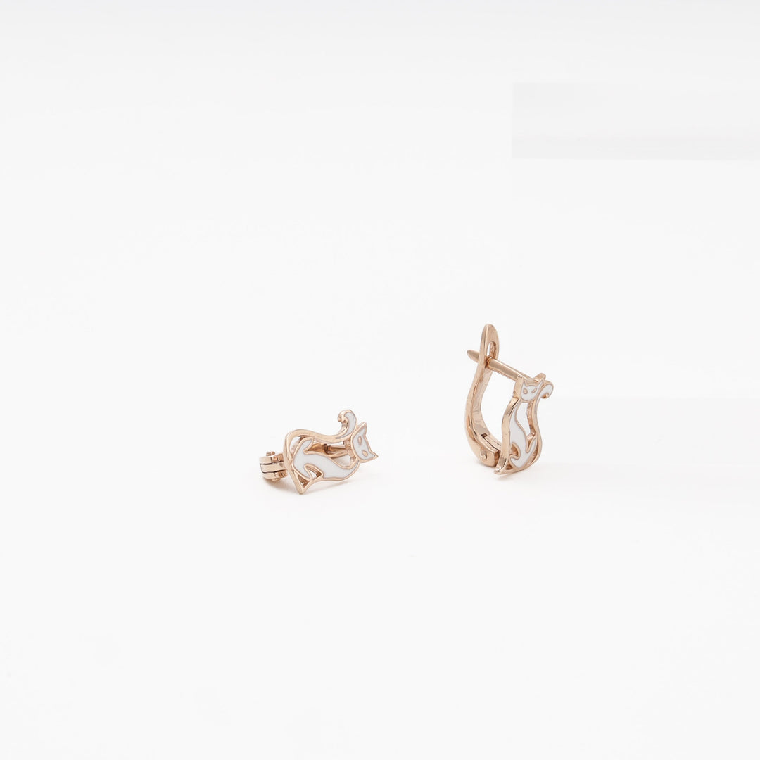Rose Gold 585 (14K) Cat Earrings with White Enamel | Ukrainian Jewelry