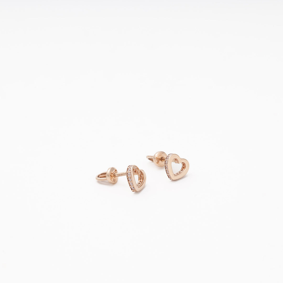 Rose Gold 585 Open Heart Stud Earrings with Cubic Zirconia | Ukrainian Jewelry