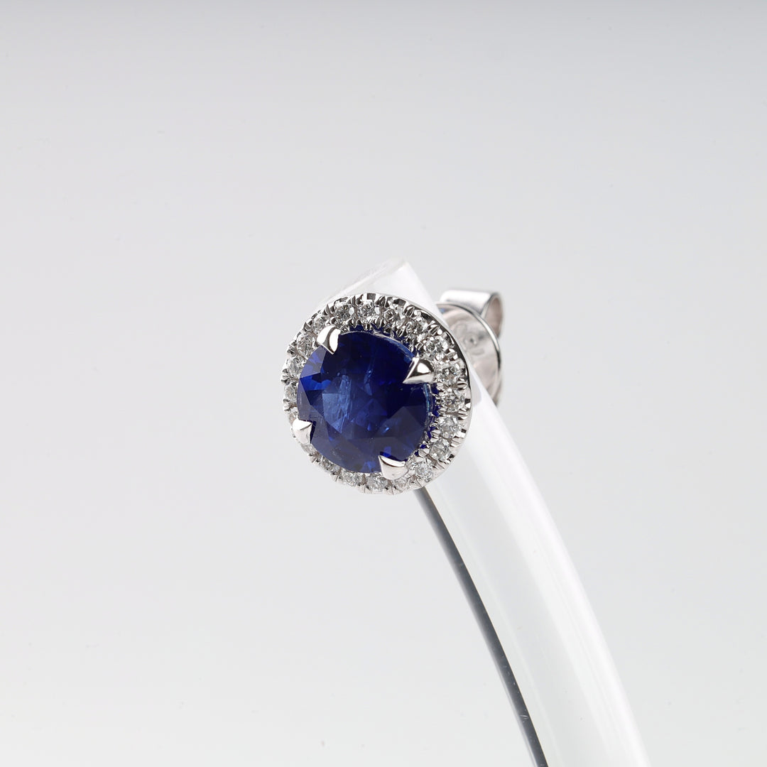 Natural Blue Sapphire 2.16 Ct & 20 Diamonds Halo Stud Earrings | 18K White Gold