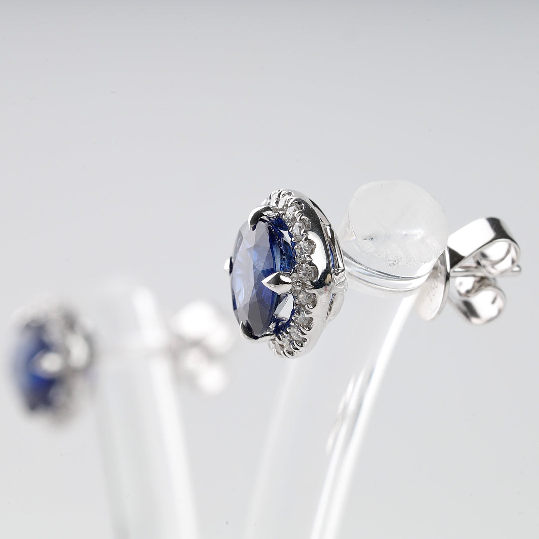 Natural Blue Sapphire 2.16 Ct & 20 Diamonds Halo Stud Earrings | 18K White Gold