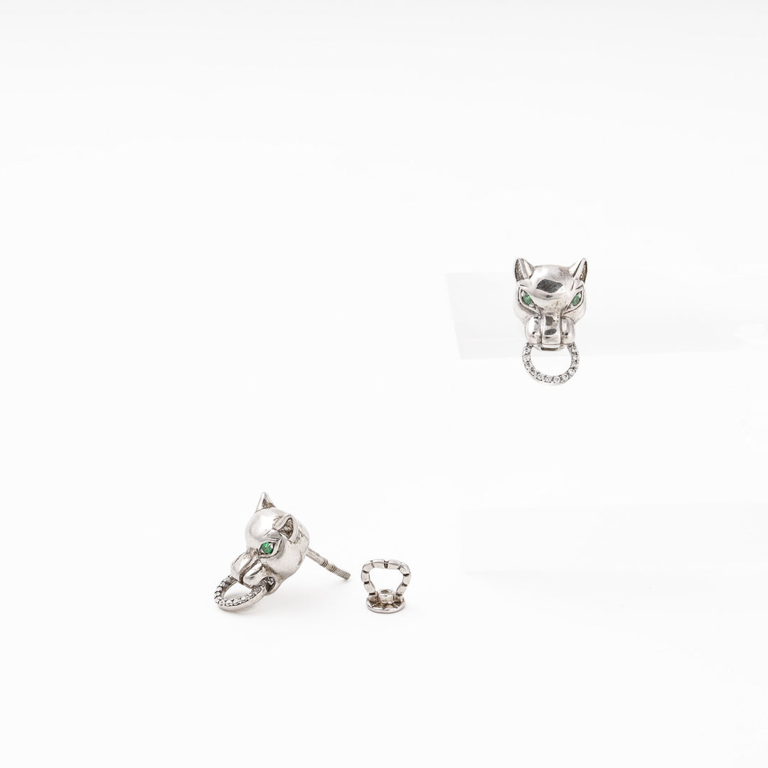 Silver 925 Panther Stud Earrings with Green CZ Eyes | Ukrainian Jewelry