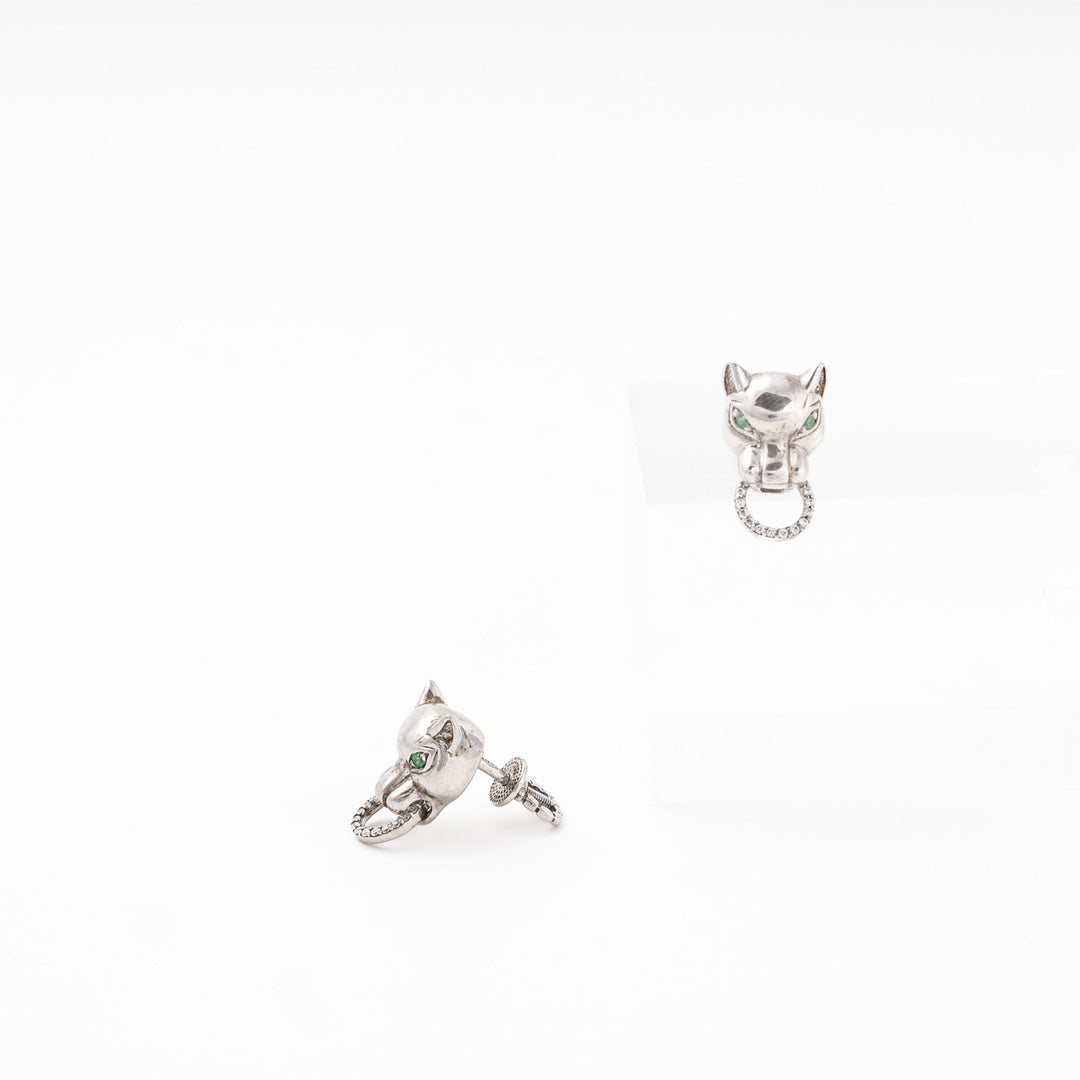 Silver 925 Panther Stud Earrings with Green CZ Eyes | Ukrainian Jewelry