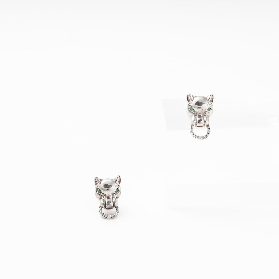 Silver 925 Panther Stud Earrings with Green CZ Eyes | Ukrainian Jewelry