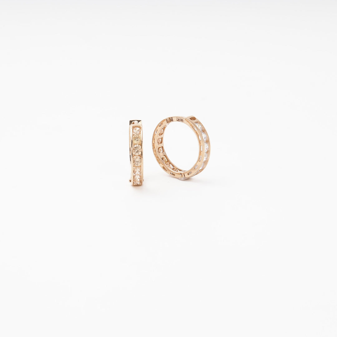 Rose gold 585 Huggie Earrings with White and Champagne CZ Royal | Ukrainian Jewelry