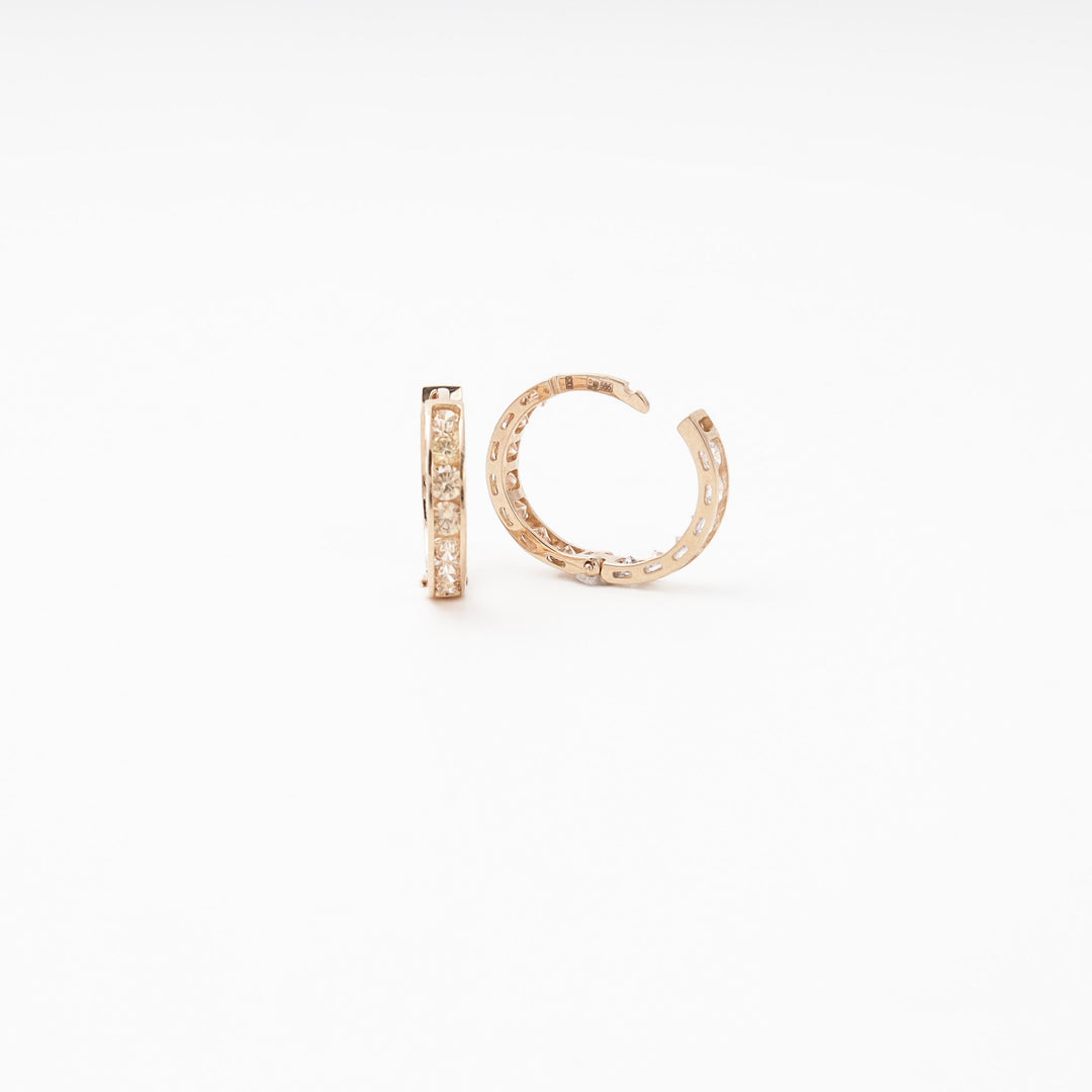 Rose gold 585 Huggie Earrings with White and Champagne CZ Royal | Ukrainian Jewelry