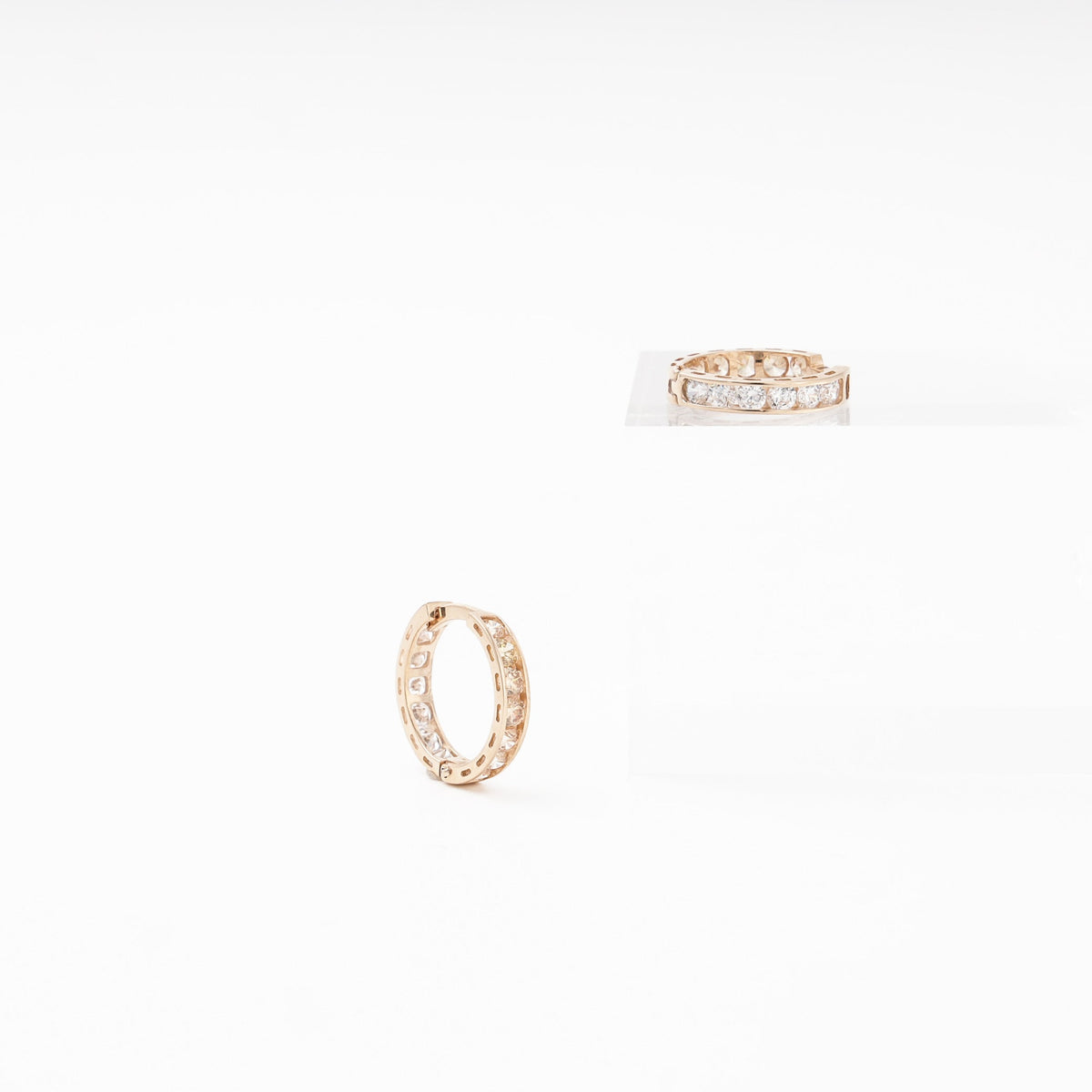 Rose gold 585 Huggie Earrings with White and Champagne CZ Royal | Ukrainian Jewelry